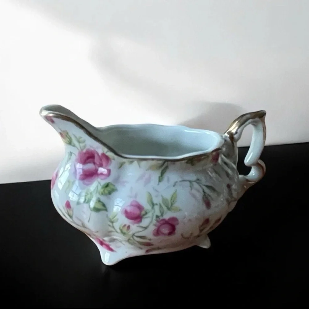 Vintage Lefton Rose Creamer Gold Trim Hand Painted Japan 1950s Cottagecore.